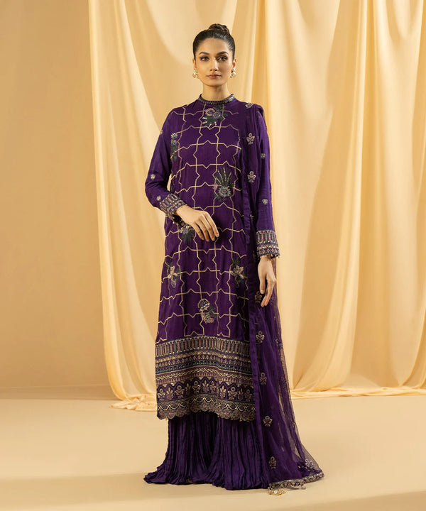 3 PIECE - DYED EMBROIDERED PK RAW SILK SUIT