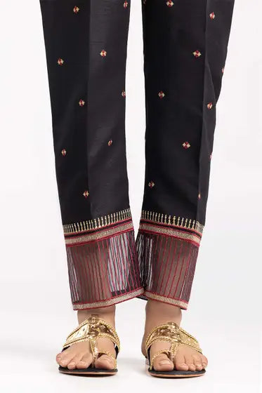 Black Embroidered Raw Silk Trousers TR-22-35